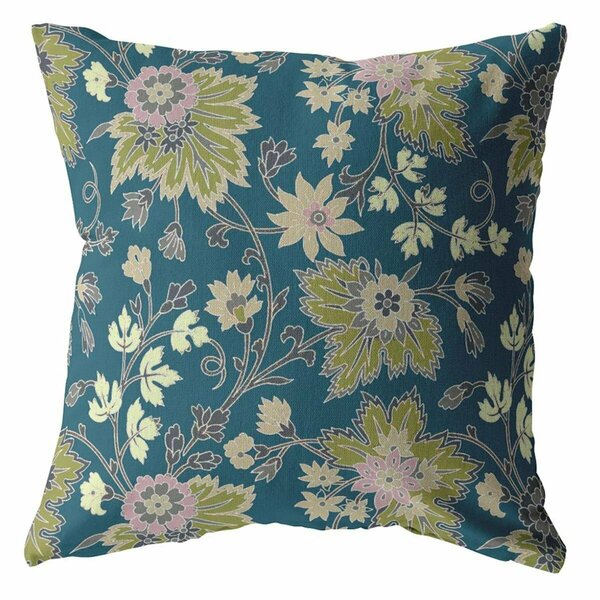 Palacedesigns 26 in. Teal & Green Jacobean Indoor & Outdoor Throw Pillow PA3668313